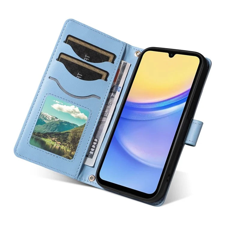 For Samsung Galaxy A15 4G / 5G Case Wallet Rhombus Leather Phone Cover with Shoulder Strap, Wrist Strap