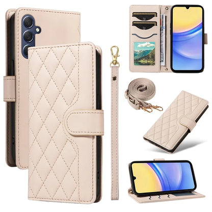 For Samsung Galaxy A15 4G / 5G Case Wallet Rhombus Leather Phone Cover with Shoulder Strap, Wrist Strap