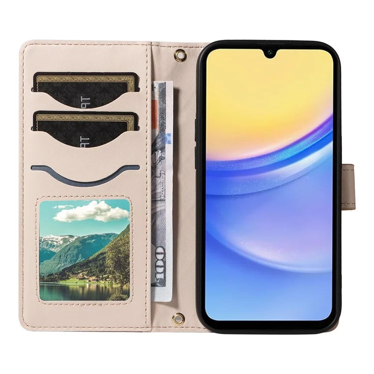 For Samsung Galaxy A15 4G / 5G Case Wallet Rhombus Leather Phone Cover with Shoulder Strap, Wrist Strap
