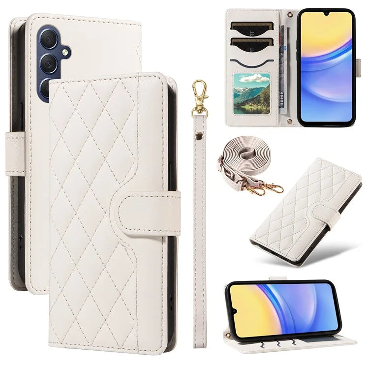 For Samsung Galaxy A15 4G / 5G Case Wallet Rhombus Leather Phone Cover with Shoulder Strap, Wrist Strap