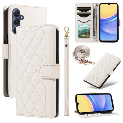 For Samsung Galaxy A15 4G / 5G Case Wallet Rhombus Leather Phone Cover with Shoulder Strap, Wrist Strap