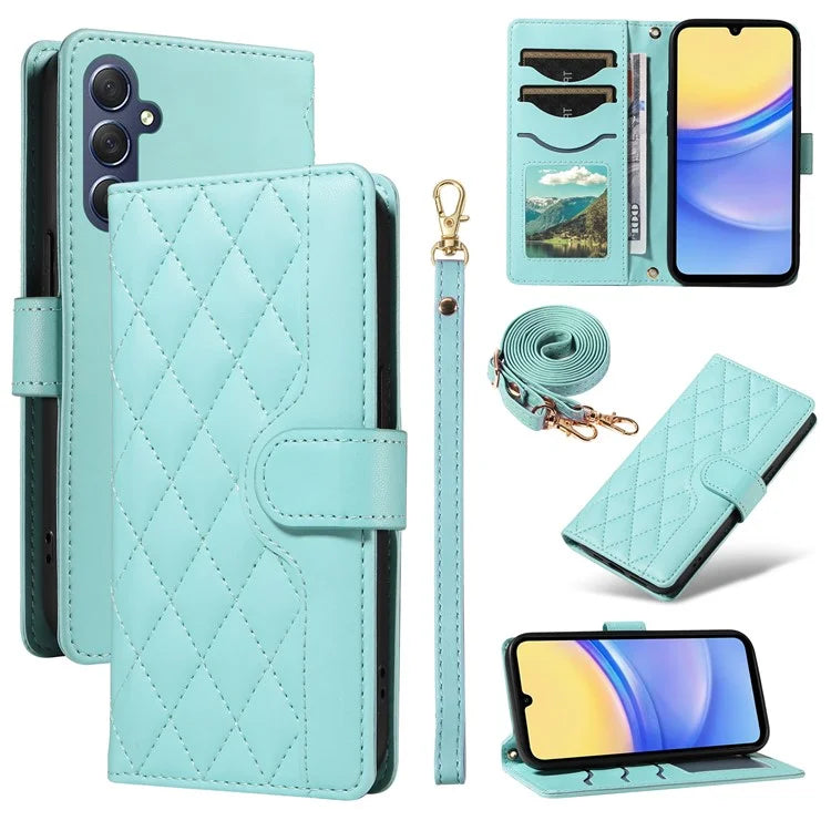 For Samsung Galaxy A15 4G / 5G Case Wallet Rhombus Leather Phone Cover with Shoulder Strap, Wrist Strap