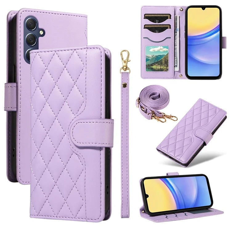 For Samsung Galaxy A15 4G / 5G Case Wallet Rhombus Leather Phone Cover with Shoulder Strap, Wrist Strap