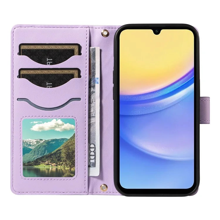 For Samsung Galaxy A15 4G / 5G Case Wallet Rhombus Leather Phone Cover with Shoulder Strap, Wrist Strap