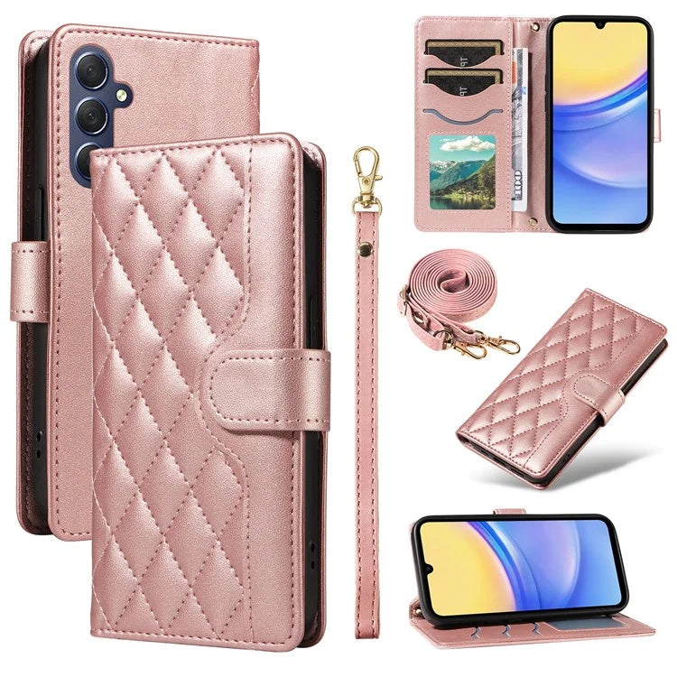 For Samsung Galaxy A15 4G / 5G Case Wallet Rhombus Leather Phone Cover with Shoulder Strap, Wrist Strap