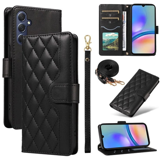 For Samsung Galaxy A05s 4G Case Wallet Rhombus Leather Phone Cover with Shoulder Strap, Wrist Strap
