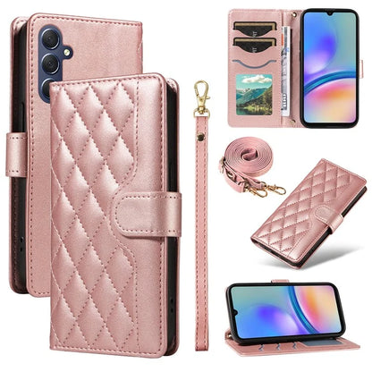 For Samsung Galaxy A05s 4G Case Wallet Rhombus Leather Phone Cover with Shoulder Strap, Wrist Strap