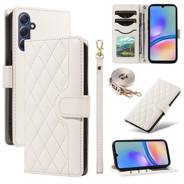 For Samsung Galaxy A05s 4G Case Wallet Rhombus Leather Phone Cover with Shoulder Strap, Wrist Strap