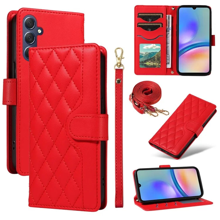 For Samsung Galaxy A05s 4G Case Wallet Rhombus Leather Phone Cover with Shoulder Strap, Wrist Strap