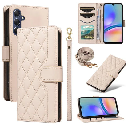 For Samsung Galaxy A05s 4G Case Wallet Rhombus Leather Phone Cover with Shoulder Strap, Wrist Strap