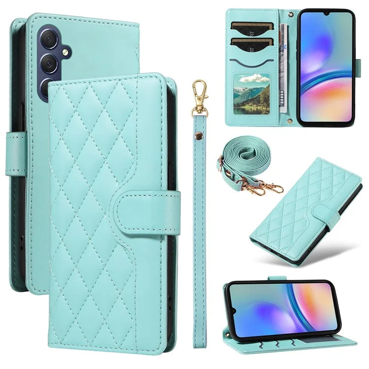 For Samsung Galaxy A05s 4G Case Wallet Rhombus Leather Phone Cover with Shoulder Strap, Wrist Strap