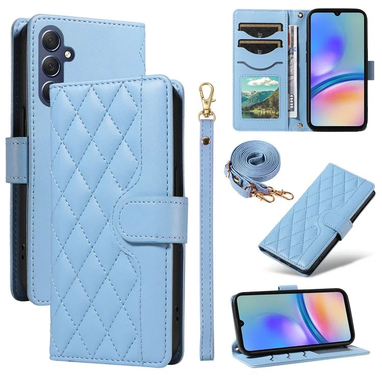 For Samsung Galaxy A05s 4G Case Wallet Rhombus Leather Phone Cover with Shoulder Strap, Wrist Strap