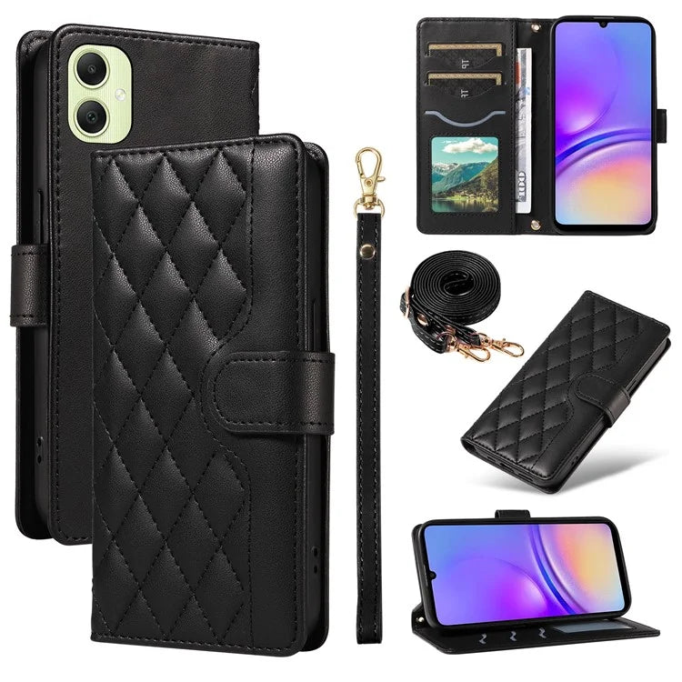 For Samsung Galaxy A05 4G Case Wallet Rhombus Leather Phone Cover with Shoulder Strap, Wrist Strap