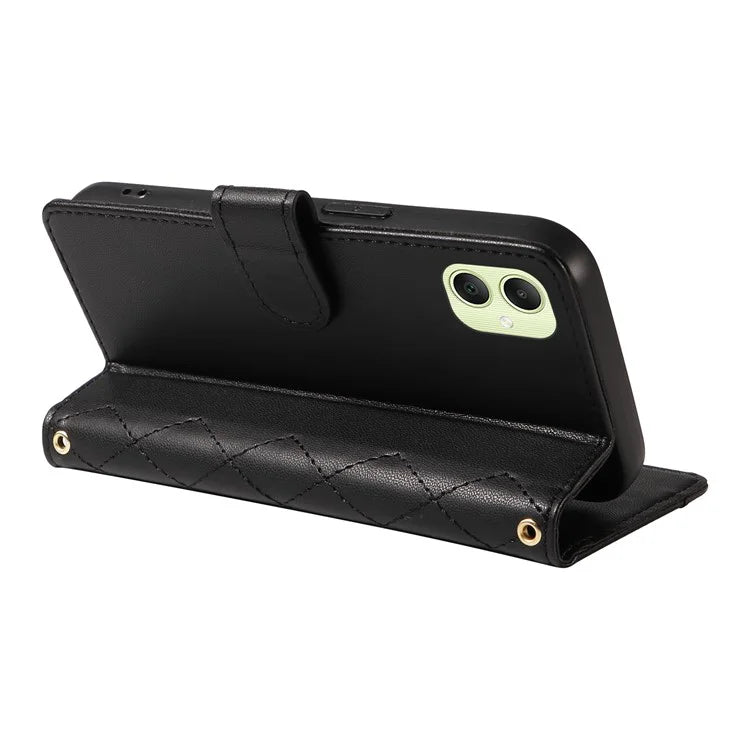 For Samsung Galaxy A05 4G Case Wallet Rhombus Leather Phone Cover with Shoulder Strap, Wrist Strap