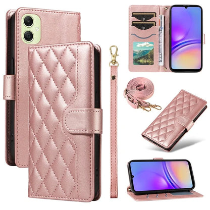 For Samsung Galaxy A05 4G Case Wallet Rhombus Leather Phone Cover with Shoulder Strap, Wrist Strap