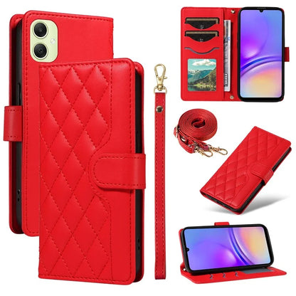 For Samsung Galaxy A05 4G Case Wallet Rhombus Leather Phone Cover with Shoulder Strap, Wrist Strap