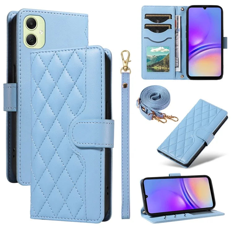 For Samsung Galaxy A05 4G Case Wallet Rhombus Leather Phone Cover with Shoulder Strap, Wrist Strap
