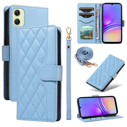 For Samsung Galaxy A05 4G Case Wallet Rhombus Leather Phone Cover with Shoulder Strap, Wrist Strap