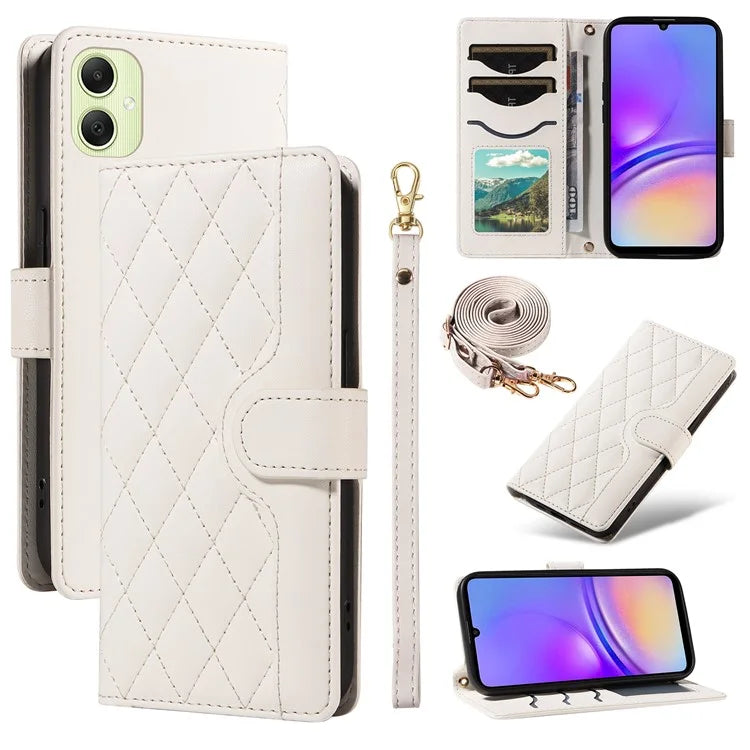 For Samsung Galaxy A05 4G Case Wallet Rhombus Leather Phone Cover with Shoulder Strap, Wrist Strap