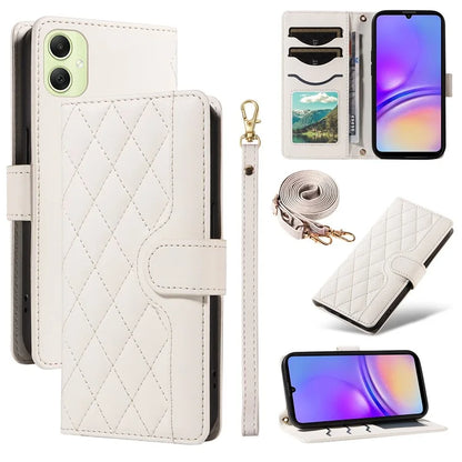 For Samsung Galaxy A05 4G Case Wallet Rhombus Leather Phone Cover with Shoulder Strap, Wrist Strap