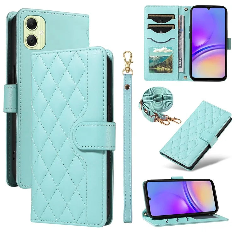 For Samsung Galaxy A05 4G Case Wallet Rhombus Leather Phone Cover with Shoulder Strap, Wrist Strap