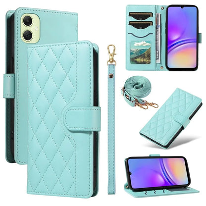 For Samsung Galaxy A05 4G Case Wallet Rhombus Leather Phone Cover with Shoulder Strap, Wrist Strap