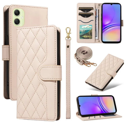 For Samsung Galaxy A05 4G Case Wallet Rhombus Leather Phone Cover with Shoulder Strap, Wrist Strap
