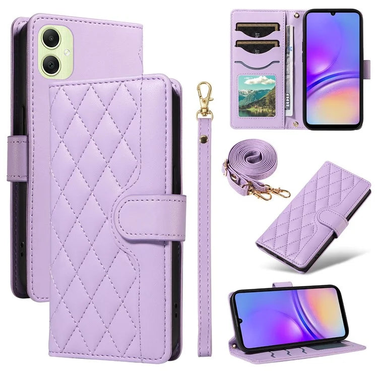 For Samsung Galaxy A05 4G Case Wallet Rhombus Leather Phone Cover with Shoulder Strap, Wrist Strap