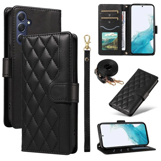 For Samsung Galaxy A54 5G Case Wallet Rhombus Leather Phone Cover with Shoulder Strap, Wrist Strap