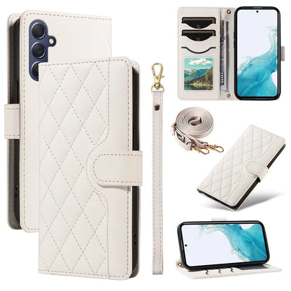 For Samsung Galaxy A54 5G Case Wallet Rhombus Leather Phone Cover with Shoulder Strap, Wrist Strap