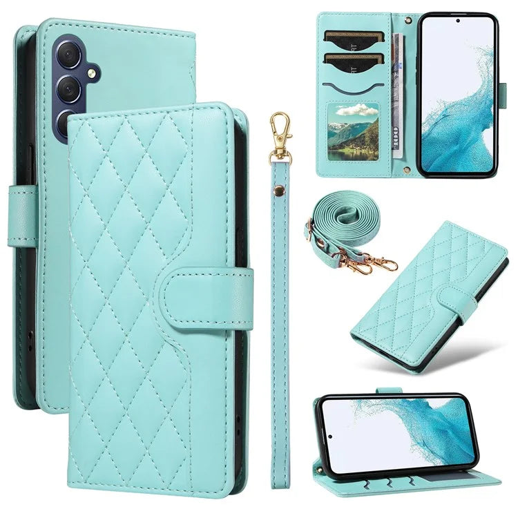 For Samsung Galaxy A54 5G Case Wallet Rhombus Leather Phone Cover with Shoulder Strap, Wrist Strap