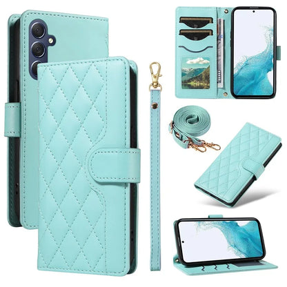 For Samsung Galaxy A54 5G Case Wallet Rhombus Leather Phone Cover with Shoulder Strap, Wrist Strap