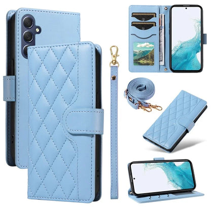 For Samsung Galaxy A54 5G Case Wallet Rhombus Leather Phone Cover with Shoulder Strap, Wrist Strap