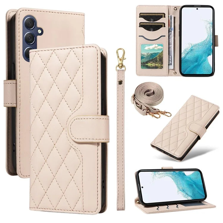 For Samsung Galaxy A54 5G Case Wallet Rhombus Leather Phone Cover with Shoulder Strap, Wrist Strap