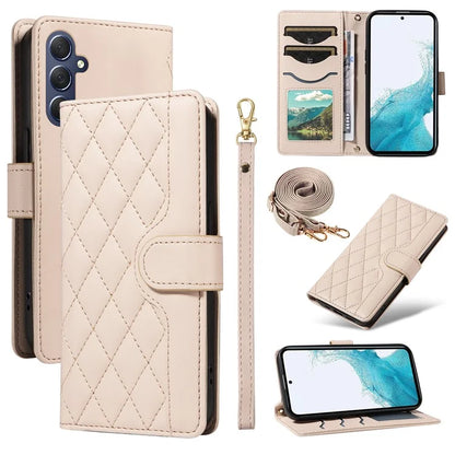 For Samsung Galaxy A54 5G Case Wallet Rhombus Leather Phone Cover with Shoulder Strap, Wrist Strap