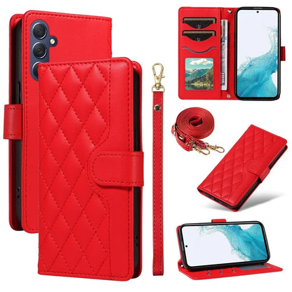 For Samsung Galaxy A54 5G Case Wallet Rhombus Leather Phone Cover with Shoulder Strap, Wrist Strap