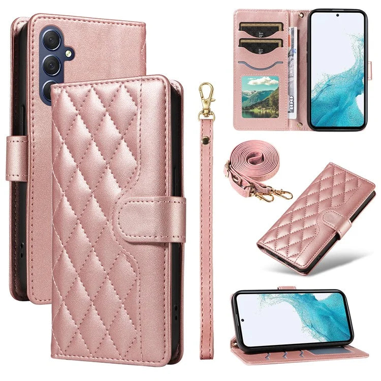 For Samsung Galaxy A54 5G Case Wallet Rhombus Leather Phone Cover with Shoulder Strap, Wrist Strap