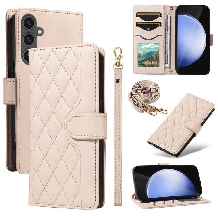 For Samsung Galaxy S24 FE Case Wallet Rhombus Leather Phone Cover with Shoulder Strap, Wrist Strap
