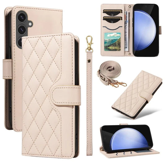 For Samsung Galaxy S24 FE Case Wallet Rhombus Leather Phone Cover with Shoulder Strap, Wrist Strap