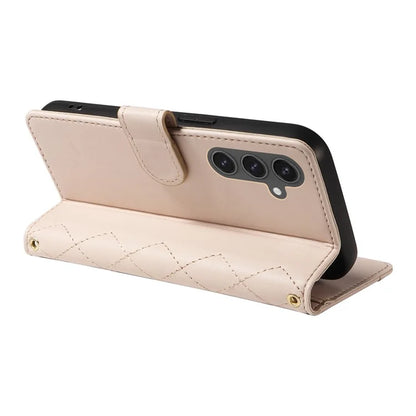 For Samsung Galaxy S24 FE Case Wallet Rhombus Leather Phone Cover with Shoulder Strap, Wrist Strap