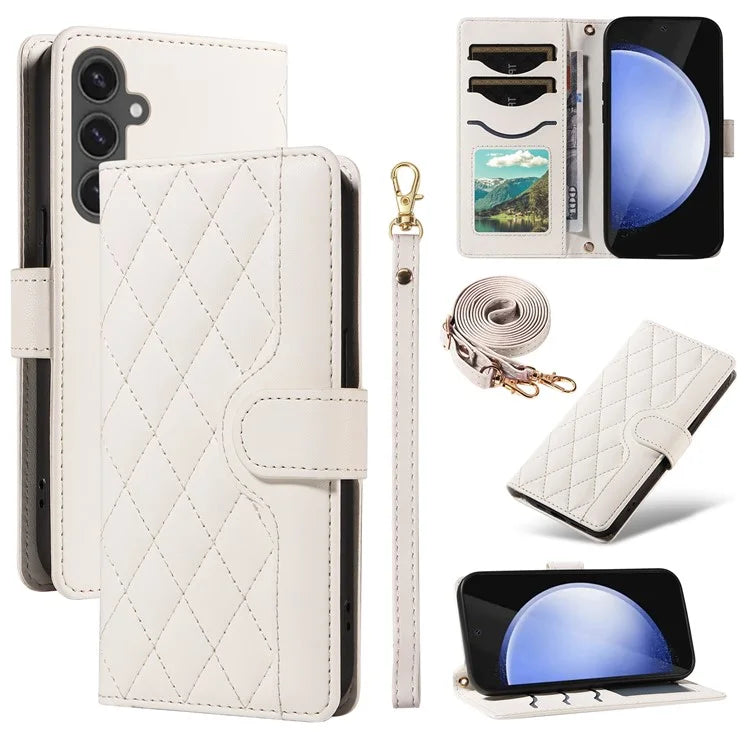 For Samsung Galaxy S24 FE Case Wallet Rhombus Leather Phone Cover with Shoulder Strap, Wrist Strap