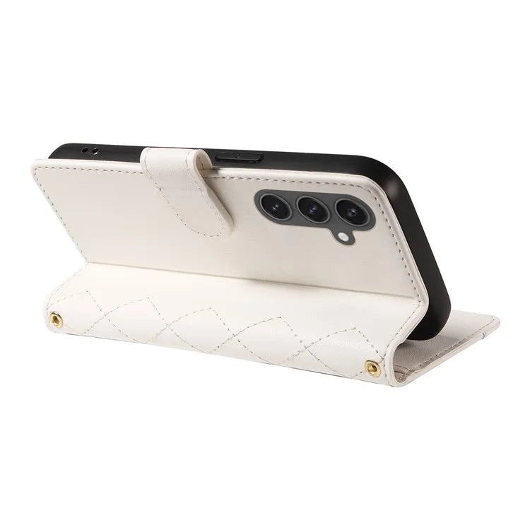 For Samsung Galaxy S24 FE Case Wallet Rhombus Leather Phone Cover with Shoulder Strap, Wrist Strap