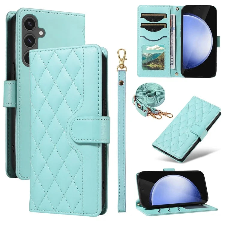 For Samsung Galaxy S24 FE Case Wallet Rhombus Leather Phone Cover with Shoulder Strap, Wrist Strap