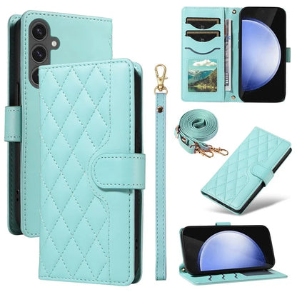 For Samsung Galaxy S24 FE Case Wallet Rhombus Leather Phone Cover with Shoulder Strap, Wrist Strap