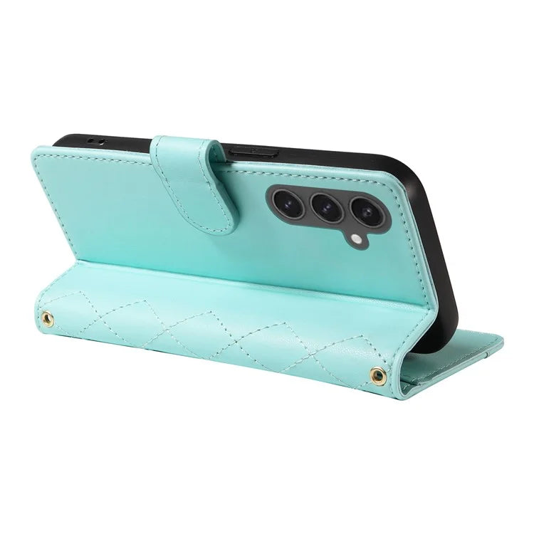 For Samsung Galaxy S24 FE Case Wallet Rhombus Leather Phone Cover with Shoulder Strap, Wrist Strap