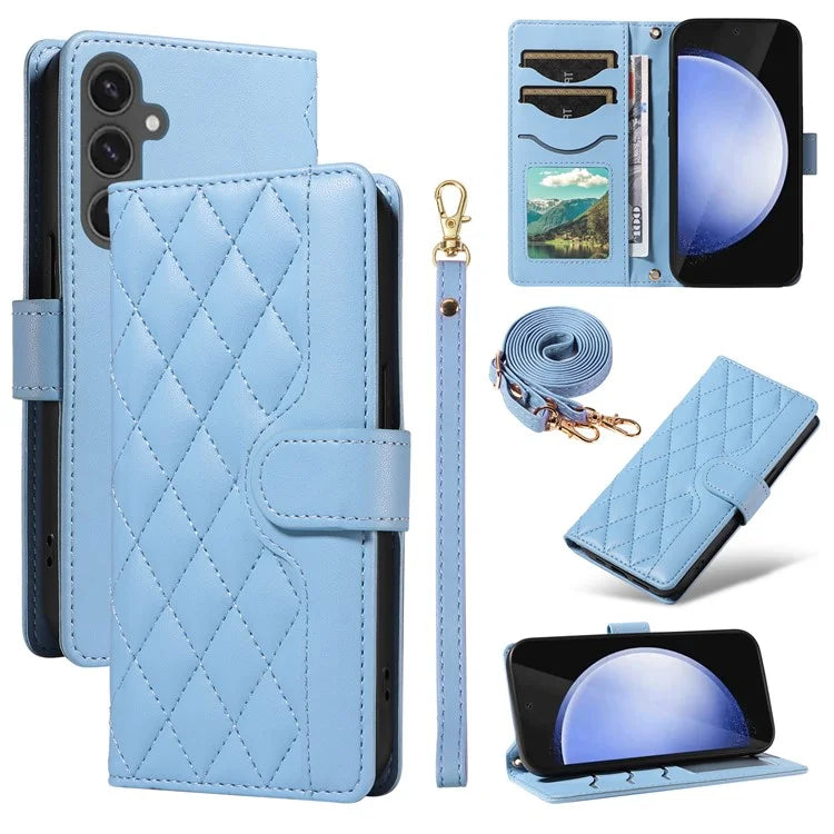 For Samsung Galaxy S24 FE Case Wallet Rhombus Leather Phone Cover with Shoulder Strap, Wrist Strap