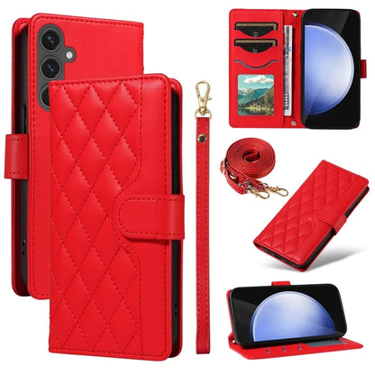 For Samsung Galaxy S24 FE Case Wallet Rhombus Leather Phone Cover with Shoulder Strap, Wrist Strap