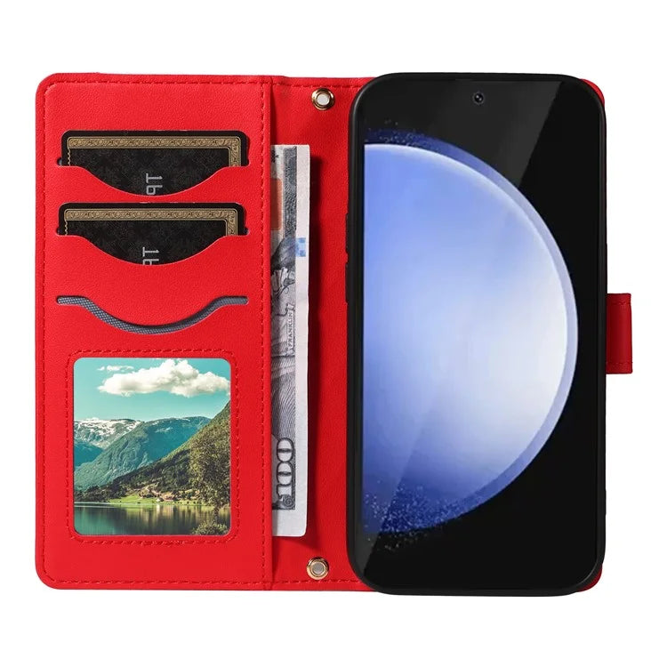 For Samsung Galaxy S24 FE Case Wallet Rhombus Leather Phone Cover with Shoulder Strap, Wrist Strap