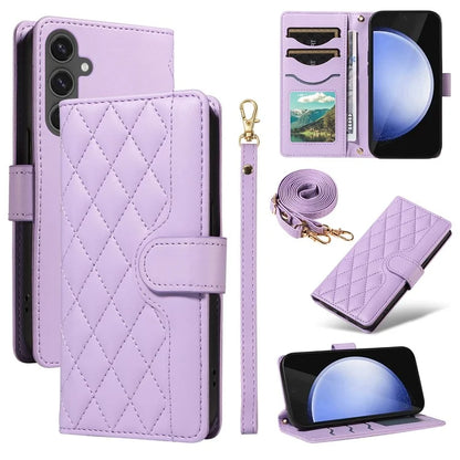 For Samsung Galaxy S24 FE Case Wallet Rhombus Leather Phone Cover with Shoulder Strap, Wrist Strap