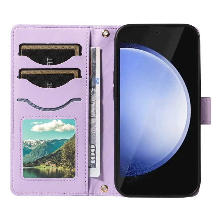 For Samsung Galaxy S24 FE Case Wallet Rhombus Leather Phone Cover with Shoulder Strap, Wrist Strap
